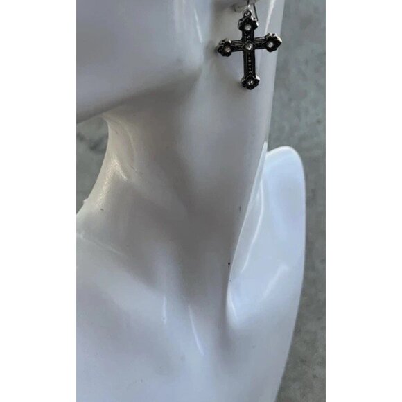 Vintage Cross Silver Tone Hook Religious Cross Dangle White Stone Earrings 1” - Picture 4 of 16